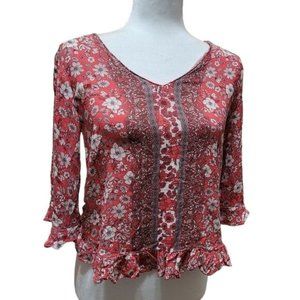Rose & Thyme Women's Size Medium Pink Floral Peasant Top Boho Hippie 3/4 Sleeve